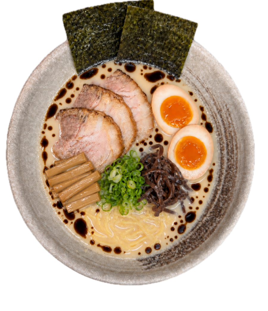 Ninniku tonkotsu ramen with black garlic oil, cut out on paper