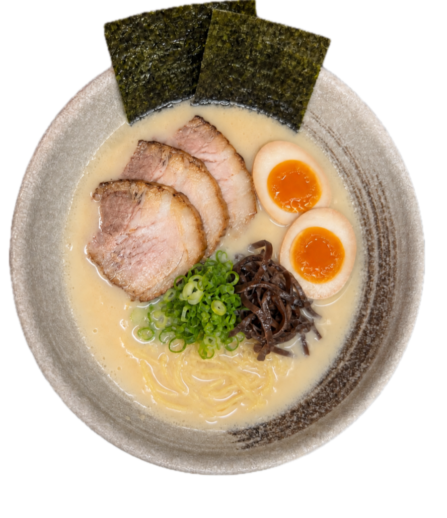 Tonkotsu ramen, top-down: chashu, ajitama, kikurage, negi, nori
